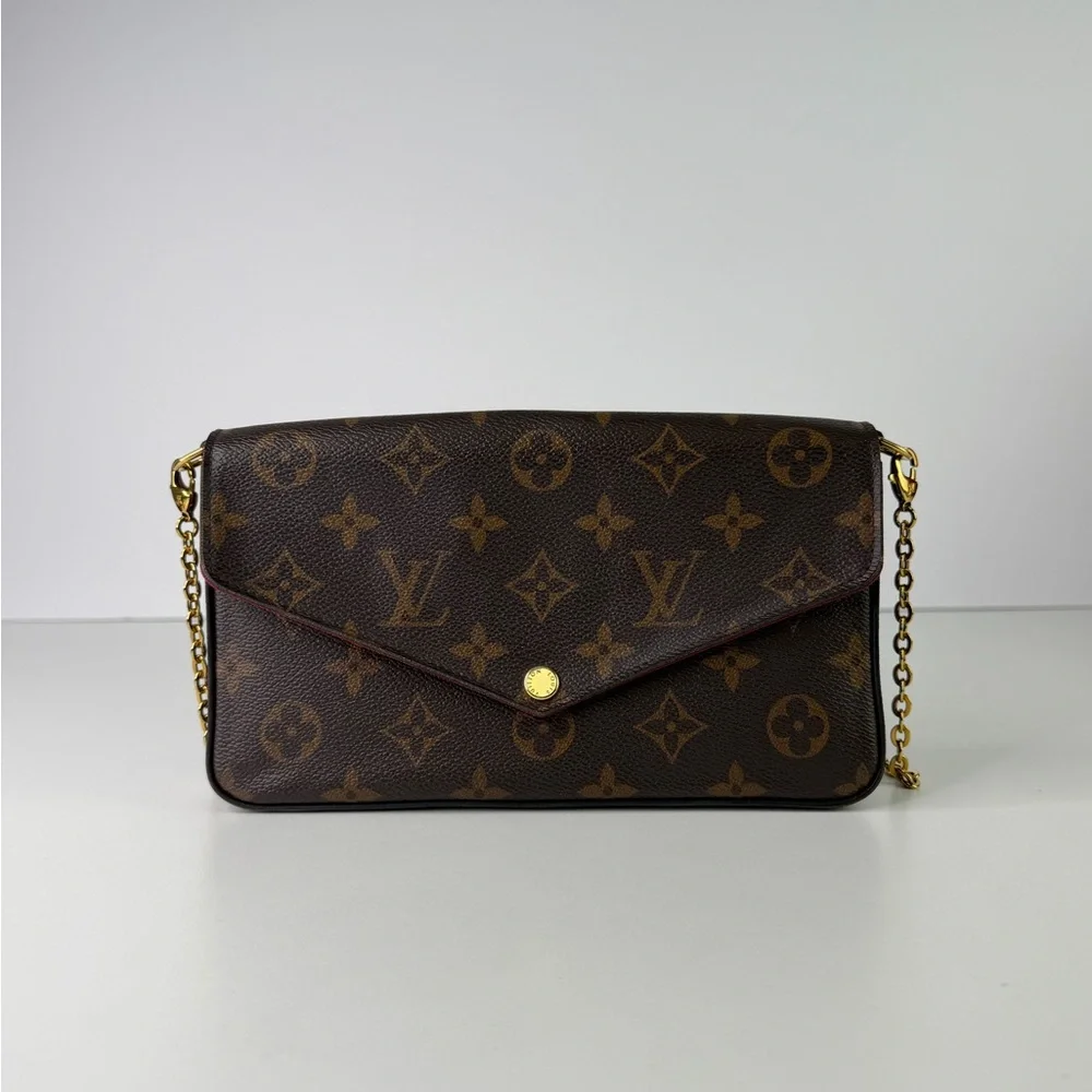 Authentic Louis Vuitton Monogram Pochette Felicie Chain Wallet Fuchsia Pink